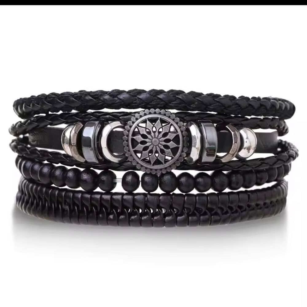 Men's Leather Bracelet Set 4pc Layered Braided Beaded Black New F9